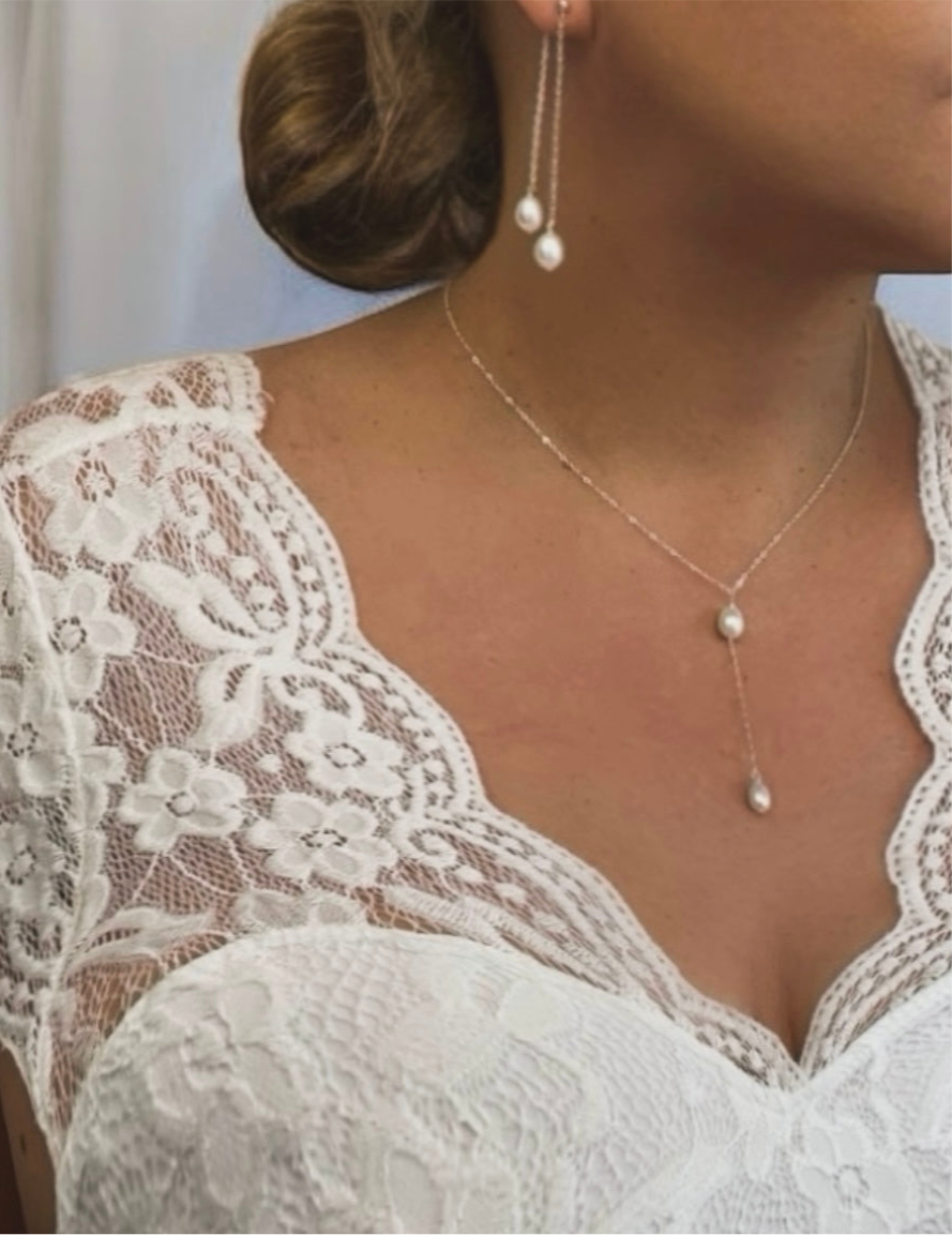 Rhiannah Lariat Double Pearl Necklace and Earring Set