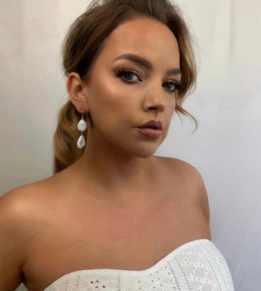 Joannah Teardrop Double Pearl Leverback Hoop Earrings