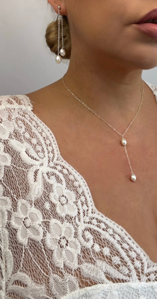 Rhiannah Lariat Double Pearl Necklace and Earring Set